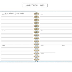 Może przedstawiać: Rozkład&oacute;wka z planera z poziomymi liniami do pisania. Lewa strona zawiera daty od maja 2023 do czerwca 2023 oraz dni tygodnia: poniedziałek, wtorek i środę. Prawa strona zawiera dni tygodnia: czwartek, piątek, sobota i niedziela. Prawa strona zawiera r&oacute;wnież sekcję na notatki.
