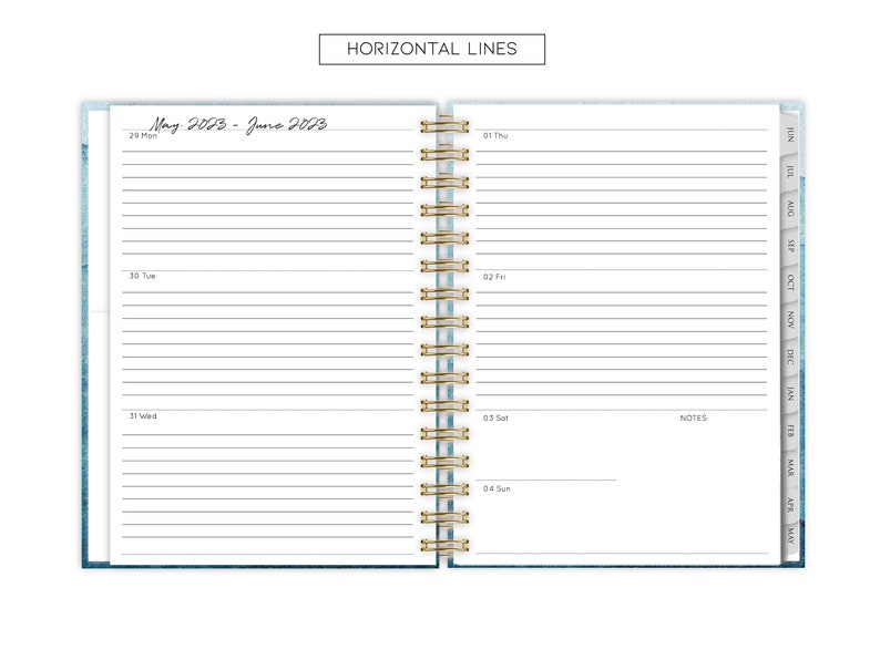 Może przedstawiać: Rozkład&oacute;wka z planera z poziomymi liniami do pisania. Lewa strona zawiera daty od maja 2023 do czerwca 2023 oraz dni tygodnia: poniedziałek, wtorek i środę. Prawa strona zawiera dni tygodnia: czwartek, piątek, sobota i niedziela. Prawa strona zawiera r&oacute;wnież sekcję na notatki.