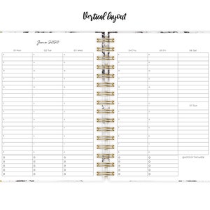 May include: A vertical layout planner with a white marble cover and gold accents. The planner has a gold wire binding and a tabbed section for each month of the year. The planner is open to June 2020 and shows a weekly layout with space for daily appointments and notes.