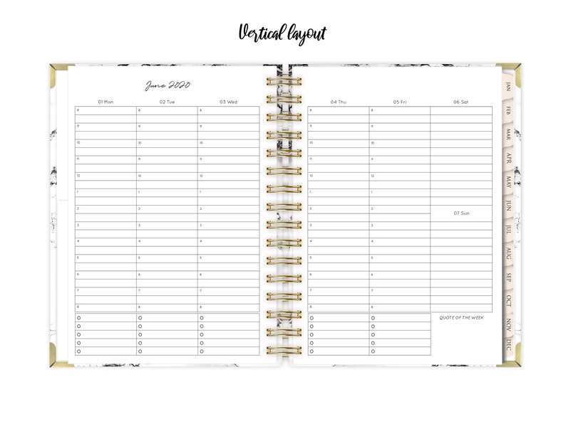 May include: A vertical layout planner with a white marble cover and gold accents. The planner has a gold wire binding and a tabbed section for each month of the year. The planner is open to June 2020 and shows a weekly layout with space for daily appointments and notes.