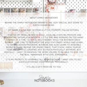 May include: A white background with a text overlay about Simply Notebooks. The text explains that the brand is a small business run by a woman in Estonia who makes handmade notebooks. The text also mentions that she is a serial multitasker and that she enjoys learning new things. The text is in a white font with a black outline.