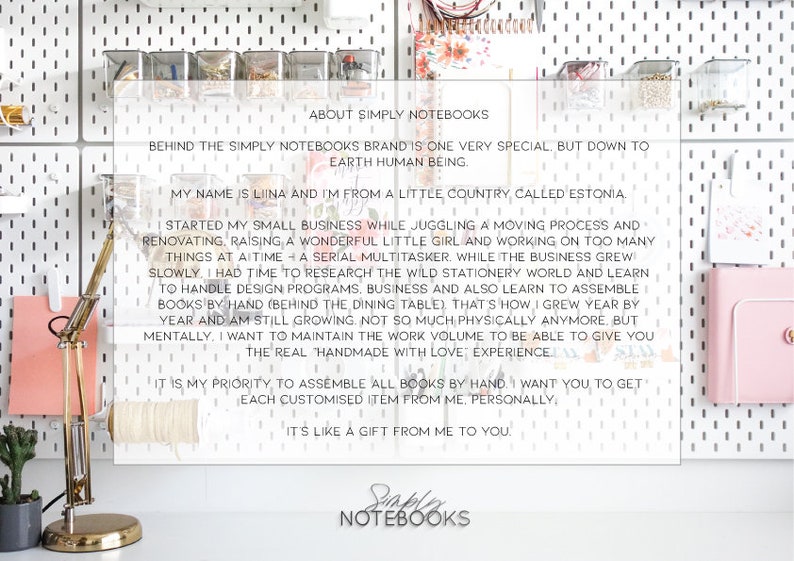 May include: A white background with a text overlay about Simply Notebooks. The text explains that the brand is a small business run by a woman in Estonia who makes handmade notebooks. The text also mentions that she is a serial multitasker and that she enjoys learning new things. The text is in a white font with a black outline.