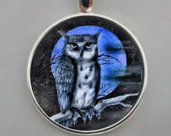 Handmade Art Glass Pendant,  Owl Pendant, Owl Necklace,  Key Chain, Owl on Branch, Owl Jewelry, Silver Jewelry.