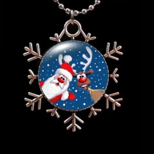Santa and Rudolph Pendant ,Christmas Reindeer, Christmas Necklace, Snowflake Necklace, Santa Pendant.