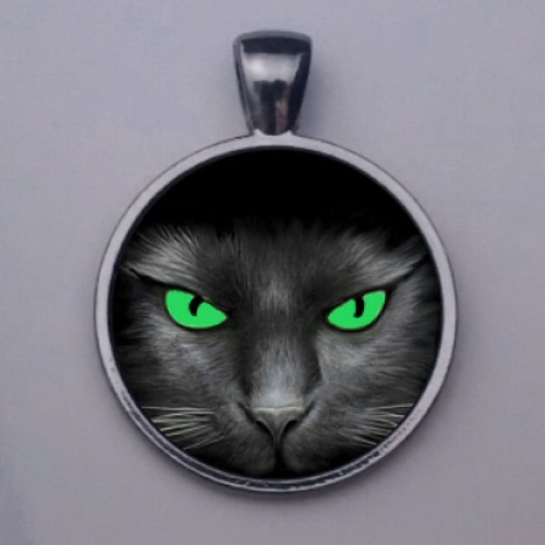 Cat Pendant, Cat Necklace ,Cat Jewelry, Black Cat, Cat Face, Black Cat Green Eyes.  FREE SHIPPING