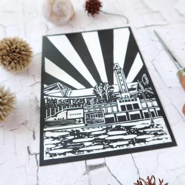 Bell tower and Red Bull Station in Leipzig as linocut (limited edition)