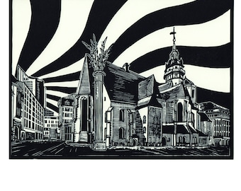 Nikolai Church in Leipzig as linoleic print (Limited Edition)