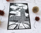 Wintergartenhochhaus in Leipzig als Linolschnitt (limited edition)