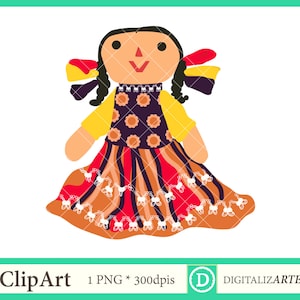 Mexican Doll Clipart - Mexican Traditional Toy (Rag Doll) in the Colors of Mexican Flag. Instant Download PNG Transparent Background 300ppi