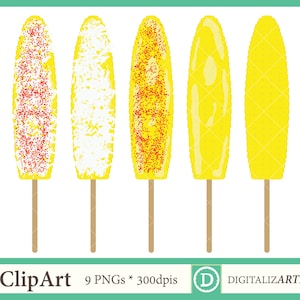 Puede incluir: Conjunto de cinco imágenes prediseñadas de maíz amarillo en un palo. El maíz está decorado con chispas rojas y blancas, copos de coco blancos y amarillo liso. El maíz está en un palo de madera.