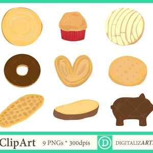 May include: Clip art set of nine different types of bread and pastries, including a donut, a concha, a croissant, a muffin, and a pig-shaped cookie. The images are in a cartoon style and are perfect for use in digital projects.