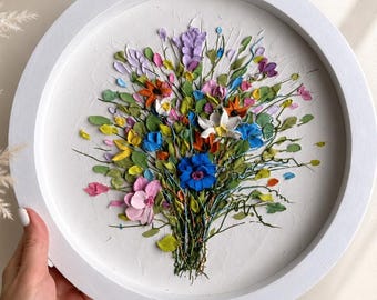 Pintura original de flores de pradera, arte floral en 3D, escultura floral para pared, arte mural hecho a mano, obra de arte de yeso en 3D