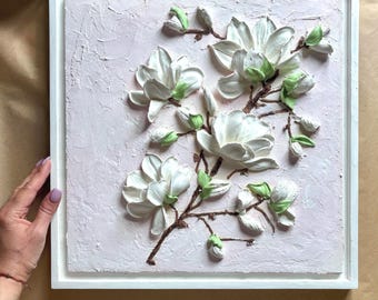 3D Magnolia Wall Art, Sculptural Flower Painting, White Floral Relief, Textured Botanical Artwork, Handmade Modern Wall Decor, Original Art