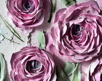 Ranunculus plaster art sculpture painting Original 3d floral wall art 3d flowers wall art Pink plaster painting