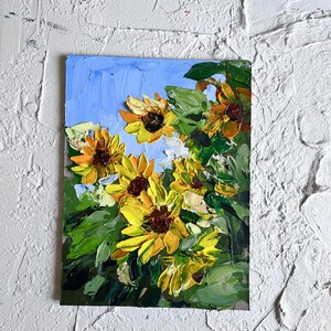 Pintura a óleo de girassóis Impasto pintura original Pequena obra de arte Faca pintura arte a óleo em miniatura