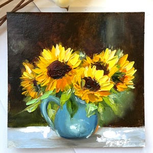 Pintura original con girasoles Regalo de girasol para ella y él Pintura al óleo en miniatura con flores amarillas Regalo único