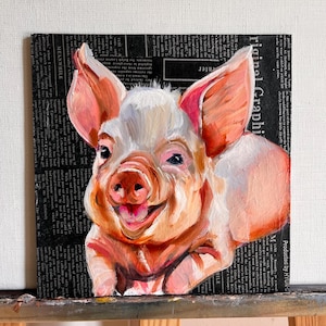 Pintura al óleo de cerdo Original Pequeño retrato de mascota Arte de cerdo diminuto