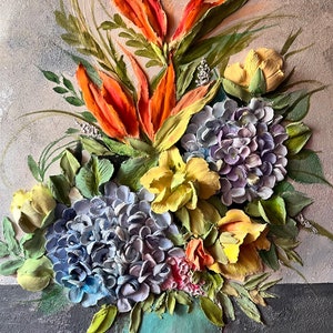 Bouquet of flowers plaster sculpture painting 3d wall art Flowers Bas relief plaster art Hydrangea painting wall art Strelitzia painting