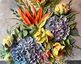 Bouquet of flowers plaster sculpture painting 3d wall art Flowers Bas relief plaster art Hydrangea painting wall art Strelitzia painting