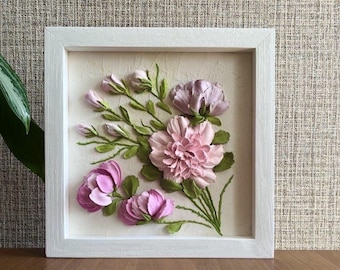 Escultura de peonía en 3D, pintura floral en 3D para pared, pintura de peonías con técnica impasto enmarcada, regalo para la esposa.