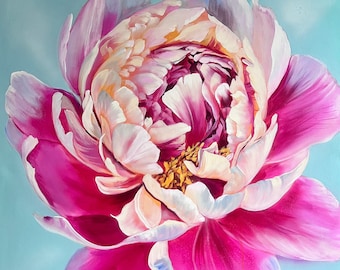 Peonía pintura original Rosa Macro flores pintura Realista Peonía arte rosa peonías arte de pared