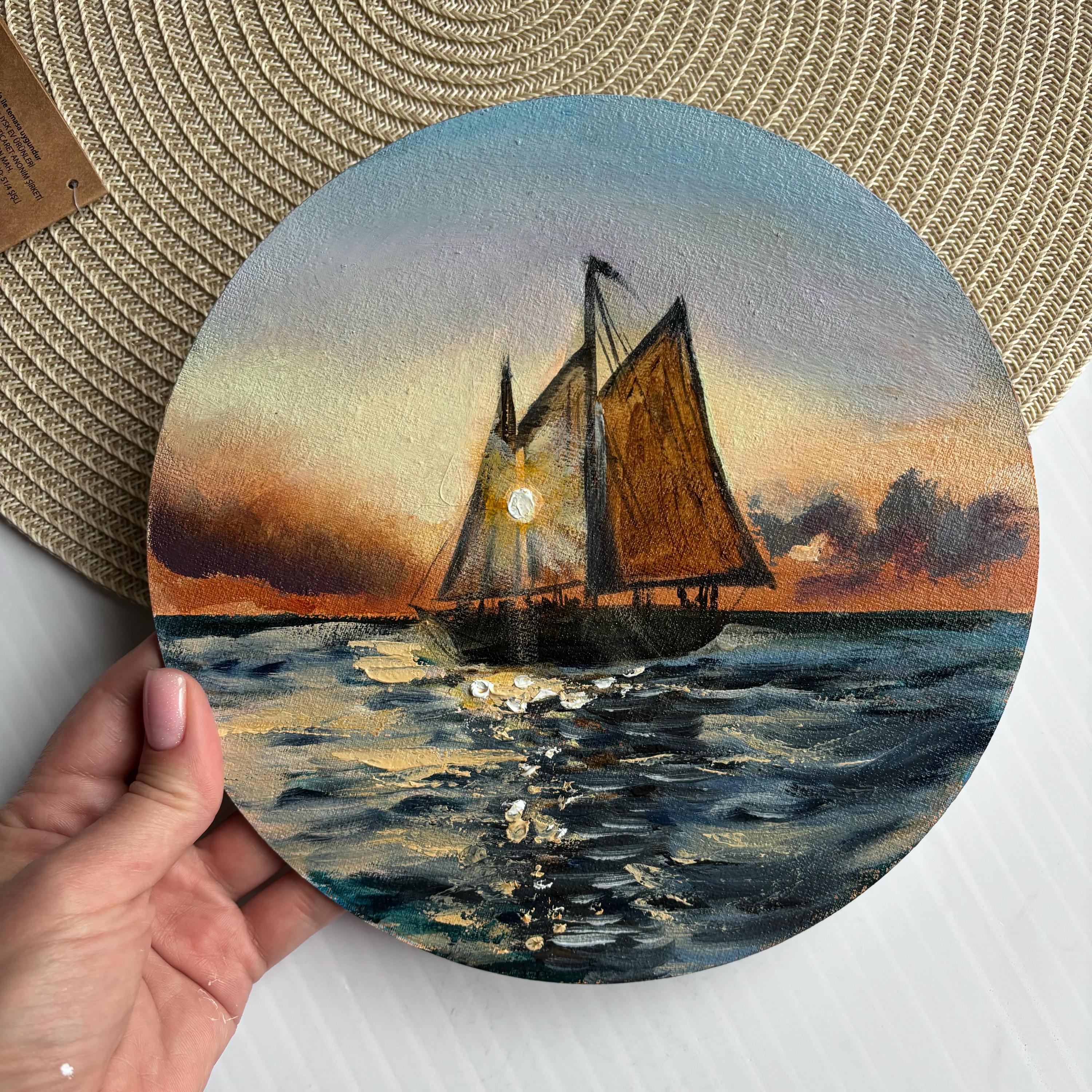 ヨットと海の夕日水上の油絵ボート手作りのアートワーク - Etsy 日本
