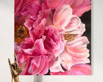 Pintura de peonías Flores originales pintura Arte realismo rosa Arte floral Peonías rosas Obras de arte Macro arte floral