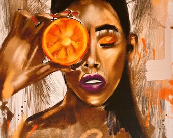 Orange Painting Abstract Painting Portrait Painting Print on Canvas Modern art abstract face Fruit Painting Boho Painting gifts art