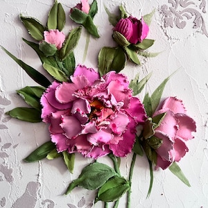 Sculpture de pivoine Peinture originale peinture de fleurs 3D 3d Pivoines art mural Panneau mural sculptural