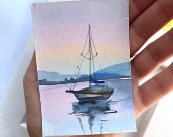 ACEO Original Watercolor Painting ACEO postcards Seascape painting sailboat painting tiny painting 2.5*3.5 inches small painting