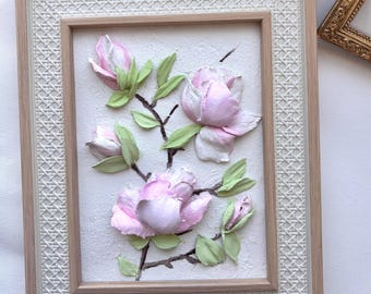 3d Magnolia sculpture painting Floral wall decor Handmade 3d wall art Small 3d flowers art