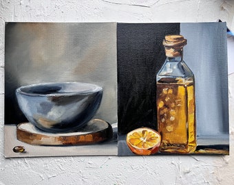 Olives oil painting Orange Original oil painting Still life art Kitchen wall art