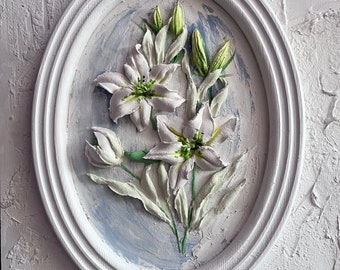 3d Lily plaster painting sculpture painting Original 3d flower painting Original floral wall art Impasto flowers painting