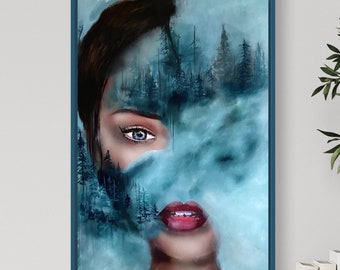 Women Portraits realistic painting Forest abstract art Original face wall art Realistic face art Modern wall decor gift to wife