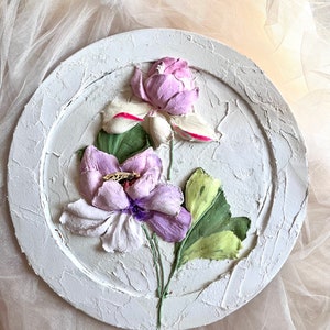 Pink Lotus Sculptural Painting 3d Water lily Sculpture Painting Flowers Painting 3d wall art Gift to wife Gypsum Flowers Plaster Pano