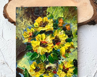 Yellow Sunflowers impasto oil art Original acrylic impasto Painting Abstract Flowers Small Painting Mini Artwork Floral wall decor Small Art