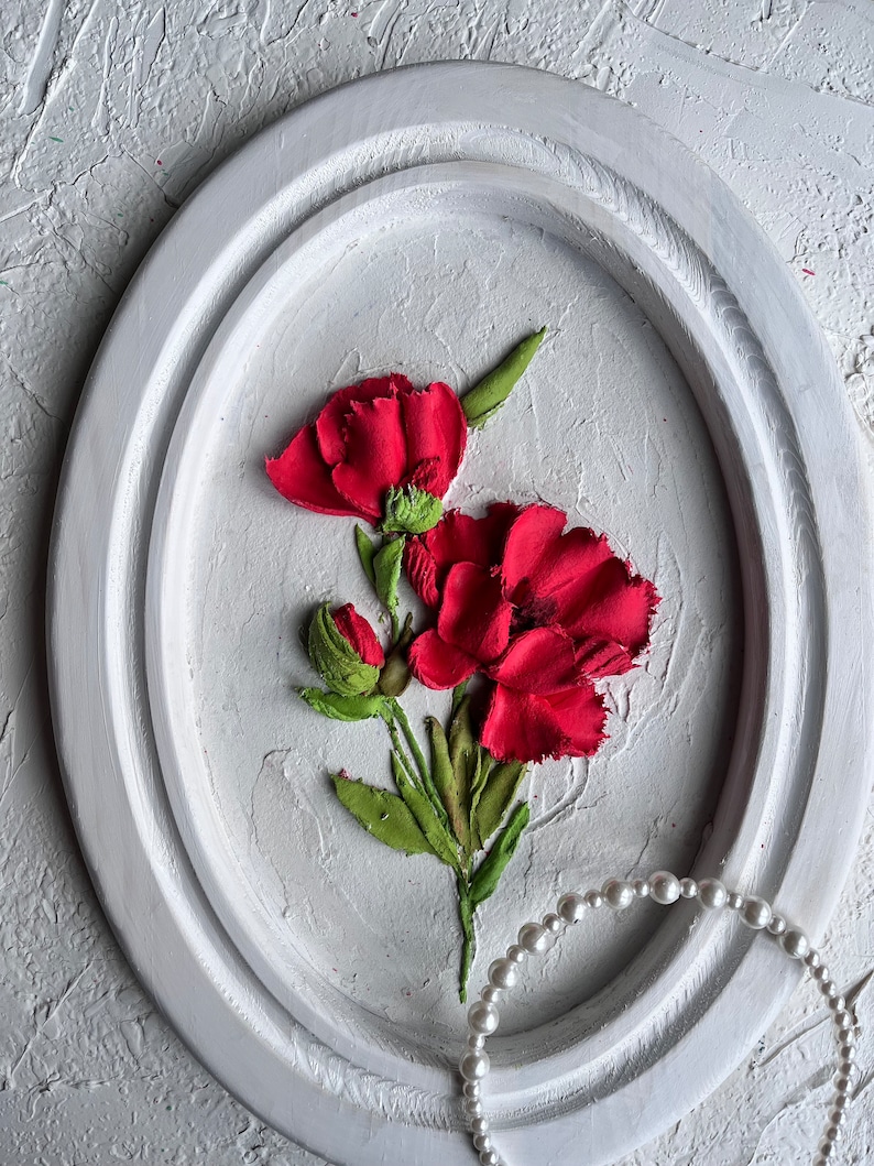 Poppy sculptural painting 3d plaster flowers painting 3d flowers wall art Realistic 3d flowers christmas gift 3d floral wall art image 1