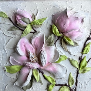 Magnolia 3d plaster painting, 3d floral wall art, painting in frame, 3d flower sculpture painting, handmade artwork