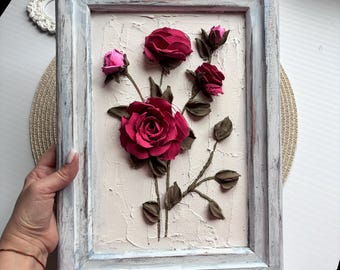 3D Rose Painting Decorative Plaster Textured Artwork Handmade Bas-Relief Vintage Style Wall Art Home Decor Gift