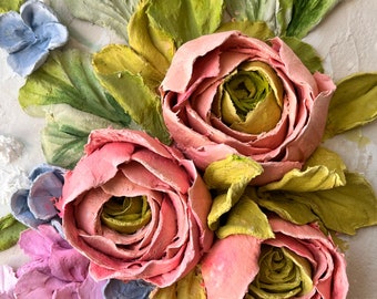 Sculpture Painting 3d Plaster Pano Ranunculus Flowers Painting 3d Painting Texture Paste Painting Floral Sculpture Wall Art