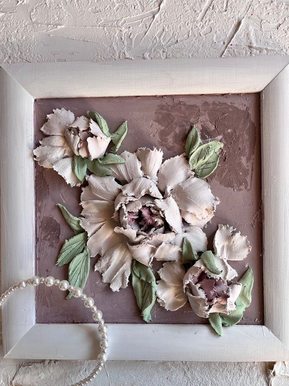 Herbaceous peony painting Peony sculpture painting 3d floral wall art Flowers plaster painting Christmas gift