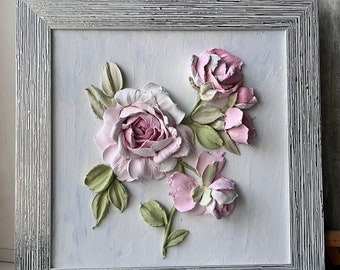 Escultura de flores Pintura Rosas Pintura 3D Pintura floral Arte de pared 3D Regalos Arte Yeso Pano Yeso Arte