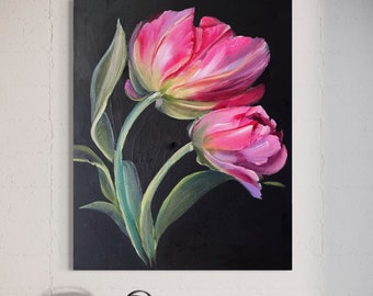 Pintura de tulipanes realista, pintura de tulipanes rosas, obra de arte floral, obra de arte de tulipanes rosas, artista ucraniano, tiendas de Ucrania, pintura moderna