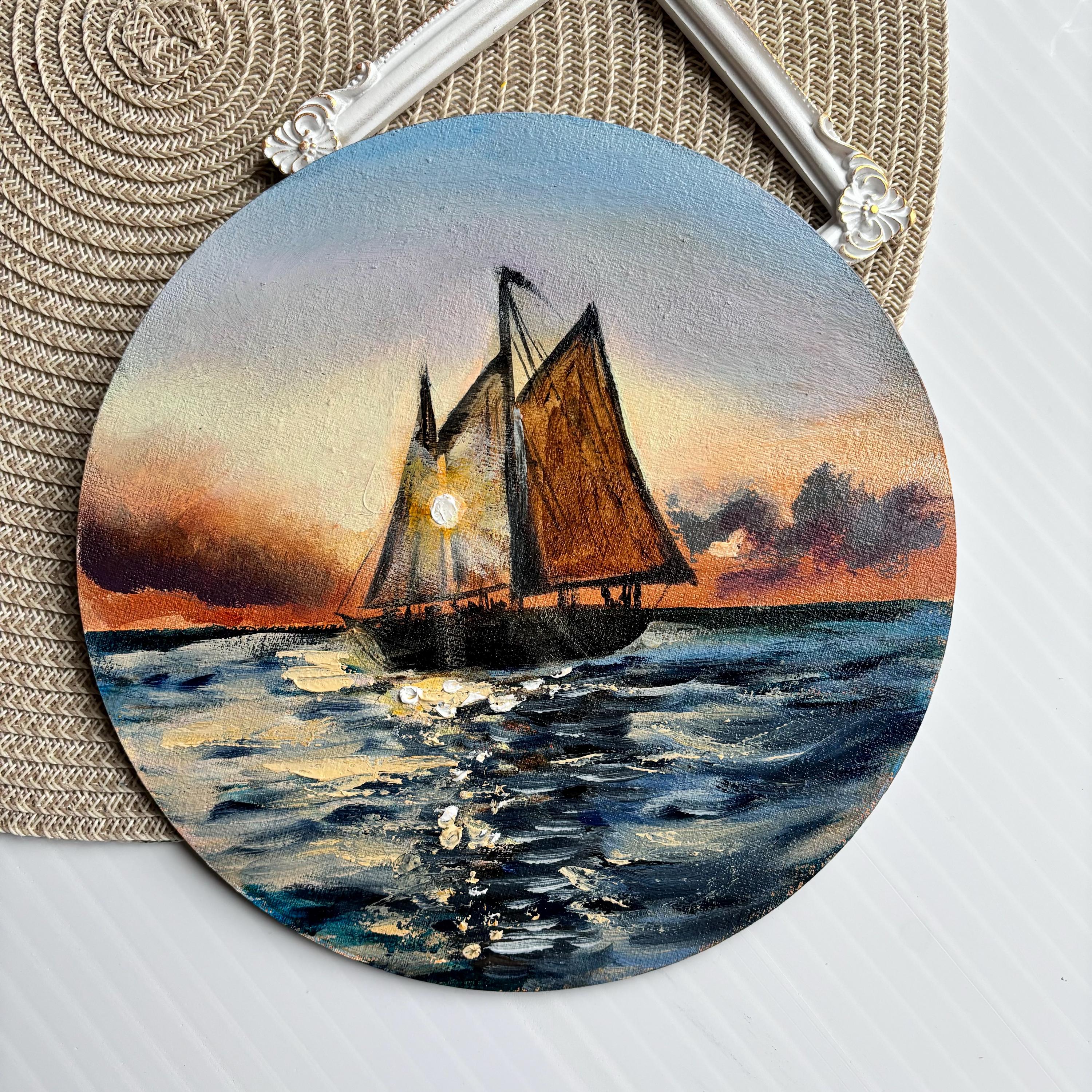 ヨットと海の夕日水上の油絵ボート手作りのアートワーク - Etsy 日本
