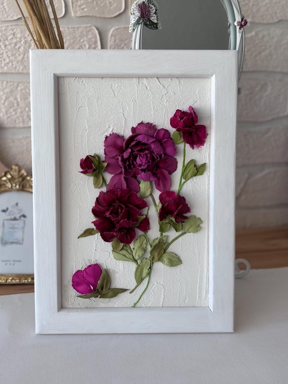 3D Peony Wall Art – Sculptural Painting with Burgundy Flowers, Handmade Textured Floral Wall Decor, Botanical Relief Artwork