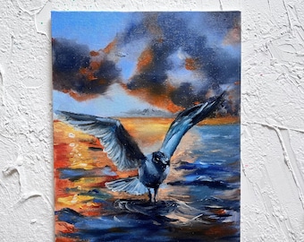 Sunset on the seashore, oil painting on canvas, small sea artwork, bird on the wave oil painting, handmade gift art