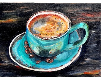 Coffee ORIGINAL Painting Food Drink Artwork Small Painting Kitchen Painting Coffee Wall Art Still Life Coffee breakfast painting