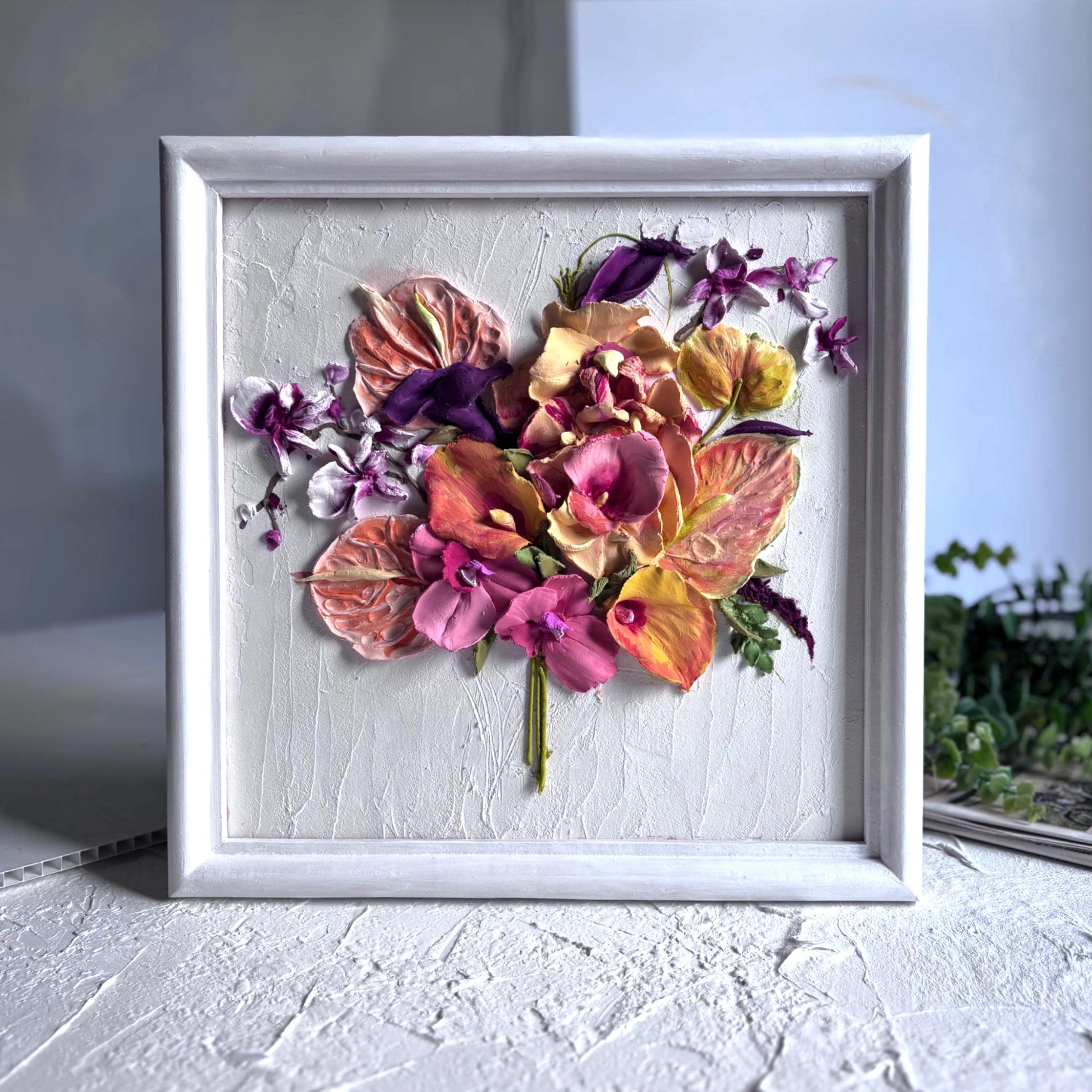 Vibrant 3D Sculptural Orchid and Anthurium Wall Art – Handmade