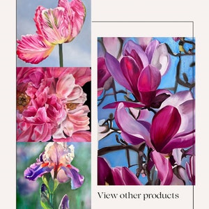 Puede incluir: Un collage de cuatro pinturas que muestran primeros planos de flores rosas. La imagen superior izquierda muestra un tulip&aacute;n rosa con vetas blancas. La imagen superior derecha muestra una flor de magnolia rosa con un fondo azul. La imagen inferior izquierda muestra una peon&iacute;a rosa. La imagen inferior derecha muestra un iris morado.