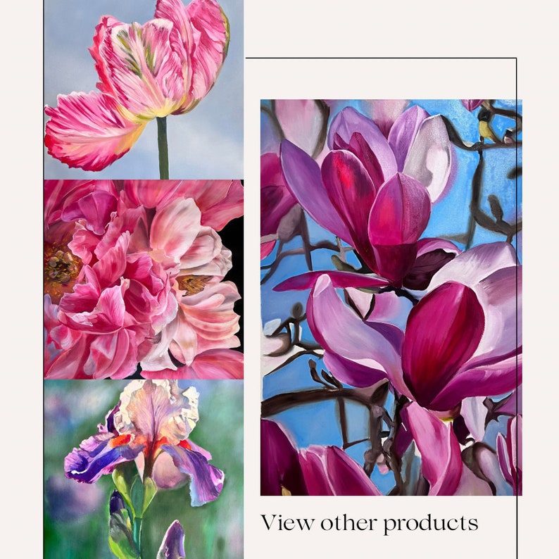 Puede incluir: Un collage de cuatro pinturas que muestran primeros planos de flores rosas. La imagen superior izquierda muestra un tulip&aacute;n rosa con vetas blancas. La imagen superior derecha muestra una flor de magnolia rosa con un fondo azul. La imagen inferior izquierda muestra una peon&iacute;a rosa. La imagen inferior derecha muestra un iris morado.